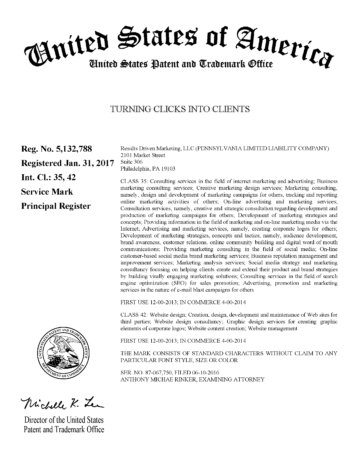 Turning Clicks Into Clients USPTO Official Image Digital Marketing Agency is Awarded Trademark: Turning Clicks Into Clients®